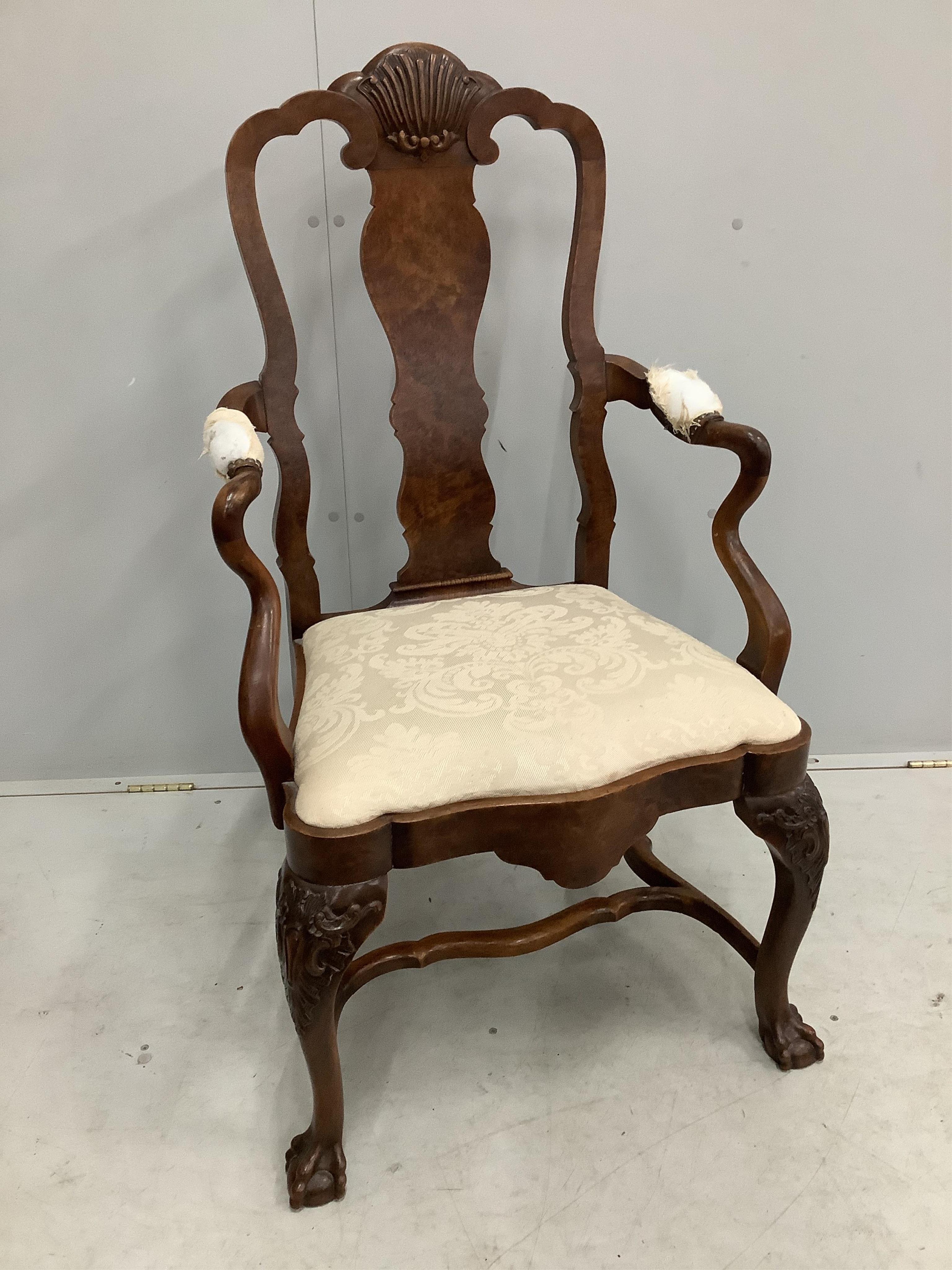 A set of eight Queen Anne revival walnut dining chairs, two with arms. Condition - fair